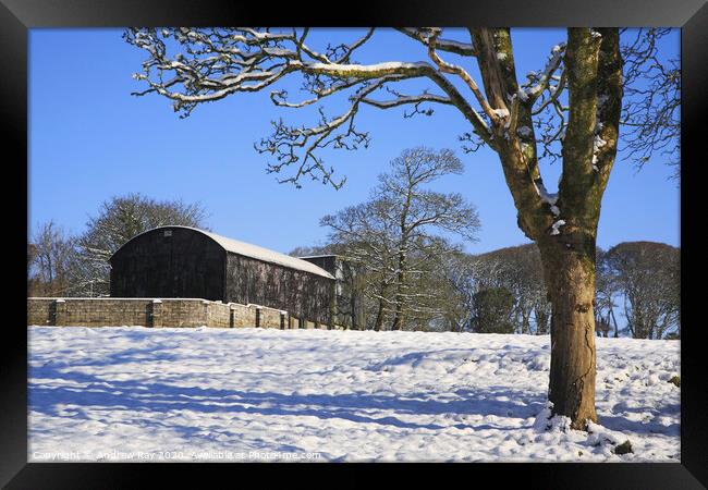 Barn in the snow Framed Print by Andrew Ray