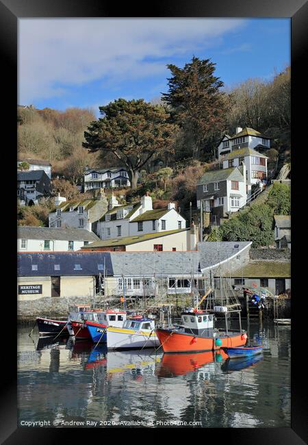 Boats moored at Polperro Framed Print by Andrew Ray