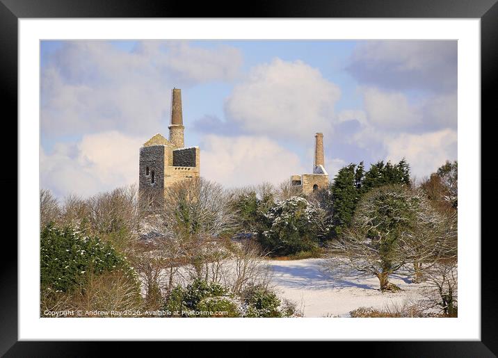 Mine stacks in the snow Framed Mounted Print by Andrew Ray