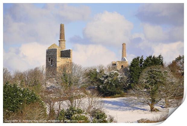 Mine stacks in the snow Print by Andrew Ray
