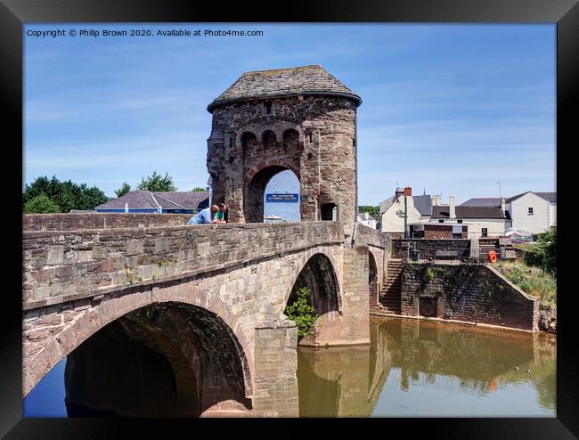 Monmouth 13th Century Bridge and Gate, Wales - Colour Version Framed Print by Philip Brown