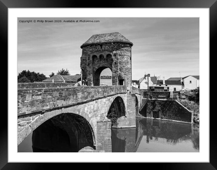 Monmouth 13th Century Bridge and Gate, Wales - Bla Framed Mounted Print by Philip Brown