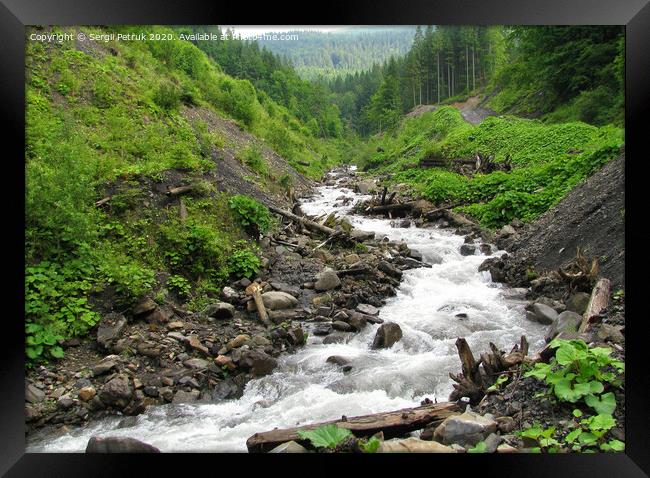 Mountain river runs from the peaks of the Carpathian Mountains among the boulders and old logs between the hills. Framed Print by Sergii Petruk