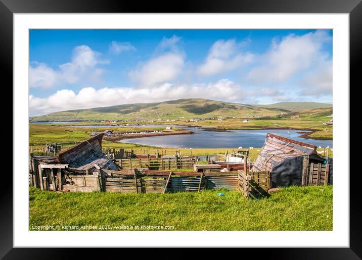 Traditional Shetland boat sheds at Cunningsburgh Framed Mounted Print by Richard Ashbee