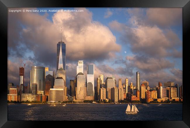 Lower Manhattan Skyline and moon rising at Golden Hour, NYC, USA Framed Print by Pere Sanz