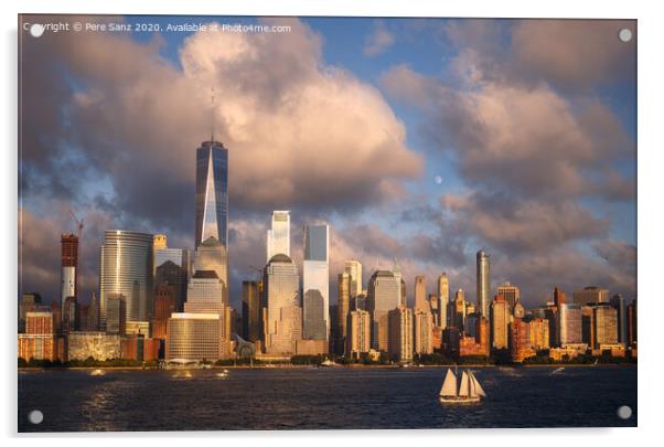 Lower Manhattan Skyline and moon rising at Golden Hour, NYC, USA Acrylic by Pere Sanz
