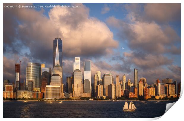 Lower Manhattan Skyline and moon rising at Golden Hour, NYC, USA Print by Pere Sanz