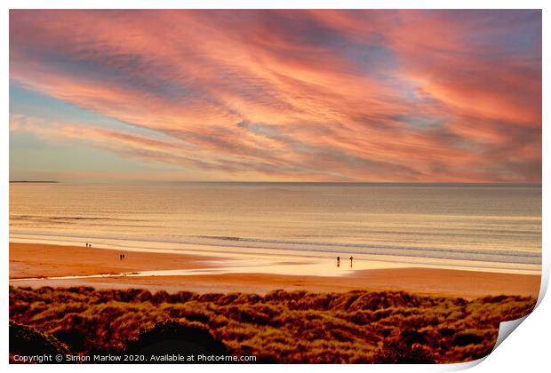 Sunset overlooking Bamburgh Beach Print by Simon Marlow