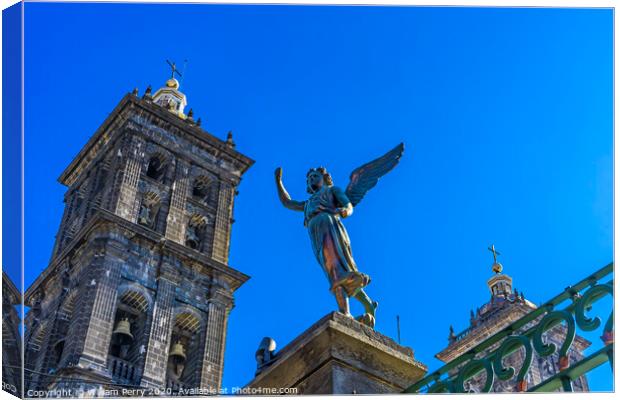 Facade Angel Outside Puebla Cathedral Mexico Canvas Print by William Perry