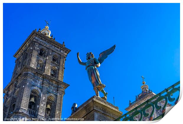 Facade Angel Outside Puebla Cathedral Mexico Print by William Perry