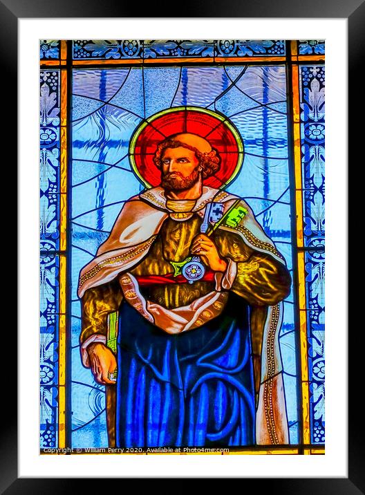 Coloful Saint Peter Keys Stained Glass Puebla Cathedral Mexico Framed Mounted Print by William Perry