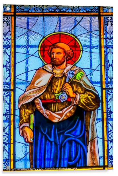 Coloful Saint Peter Keys Stained Glass Puebla Cathedral Mexico Acrylic by William Perry