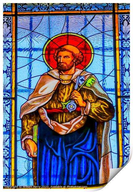 Coloful Saint Peter Keys Stained Glass Puebla Cathedral Mexico Print by William Perry