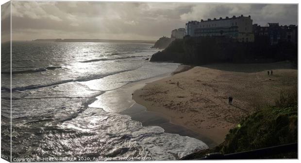 Tenby Beach at full tide Canvas Print by HELEN PARKER