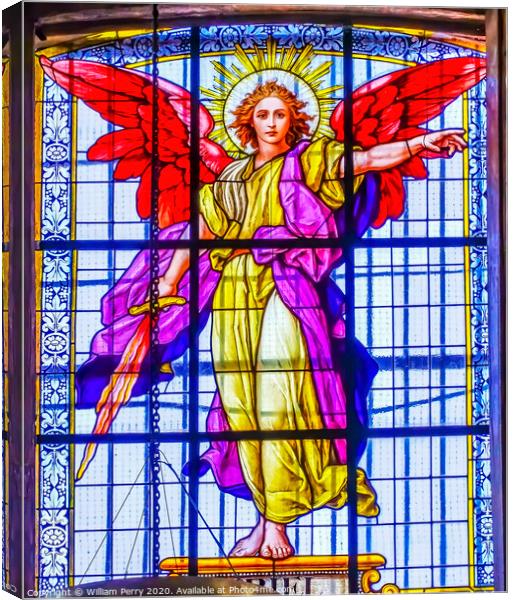 Archangel Uriel Stained Glass Puebla Cathedral Mexico Canvas Print by William Perry