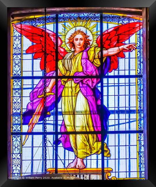 Archangel Uriel Stained Glass Puebla Cathedral Mexico Framed Print by William Perry