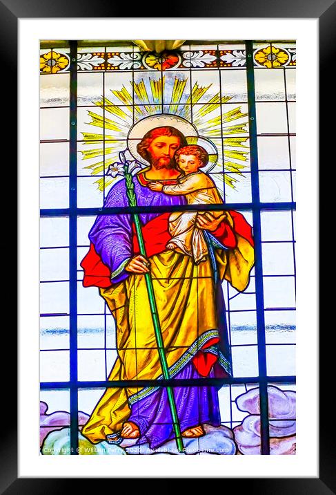 St Joseph Jesus Stained Glass Puebla Cathedral Mexico Framed Mounted Print by William Perry