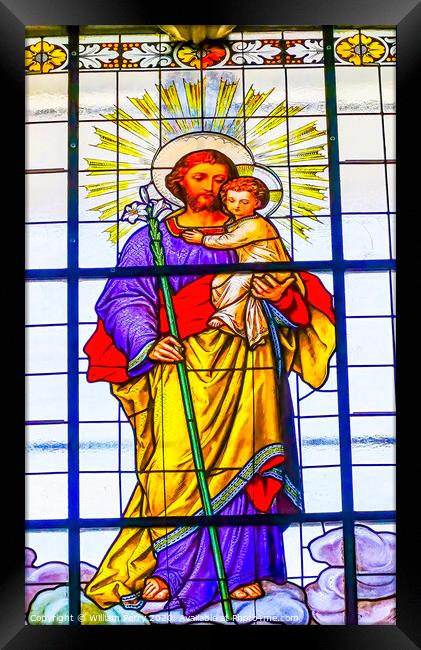 St Joseph Jesus Stained Glass Puebla Cathedral Mexico Framed Print by William Perry