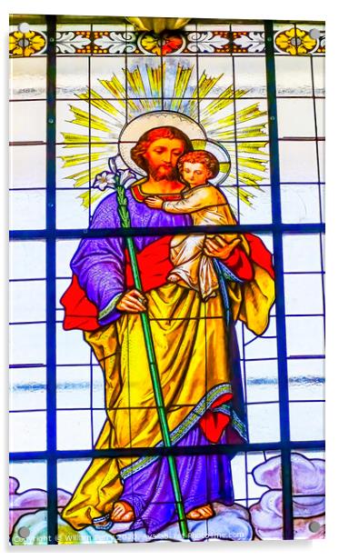 St Joseph Jesus Stained Glass Puebla Cathedral Mexico Acrylic by William Perry