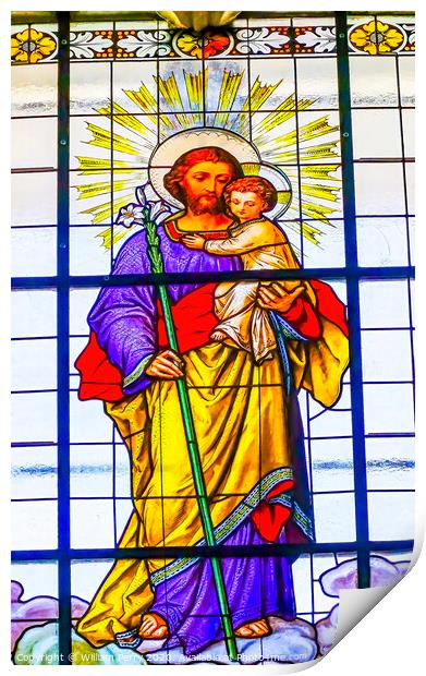 St Joseph Jesus Stained Glass Puebla Cathedral Mexico Print by William Perry