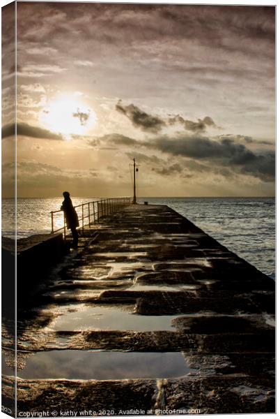 still waiting,Porthleven-Pier watching the tide Canvas Print by kathy white