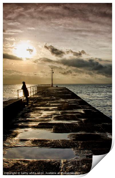 still waiting,Porthleven-Pier watching the tide Print by kathy white