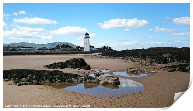 Southerness lighthouse and beach Print by Fiona Williams