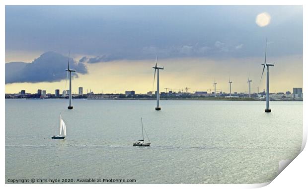 Wind turbines off Copenhagaen Print by chris hyde