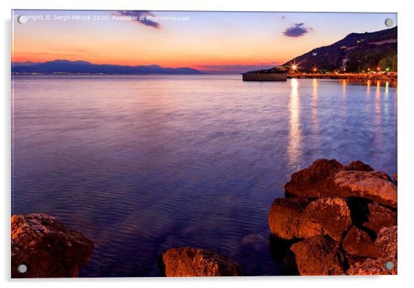 Beautiful, bright sunset on the Corinthian bay at night Loutraki, Greece. Acrylic by Sergii Petruk