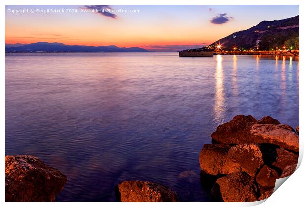 Beautiful, bright sunset on the Corinthian bay at night Loutraki, Greece. Print by Sergii Petruk