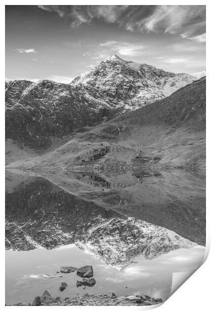 Snowdon in winter black and white Print by Jonathon barnett