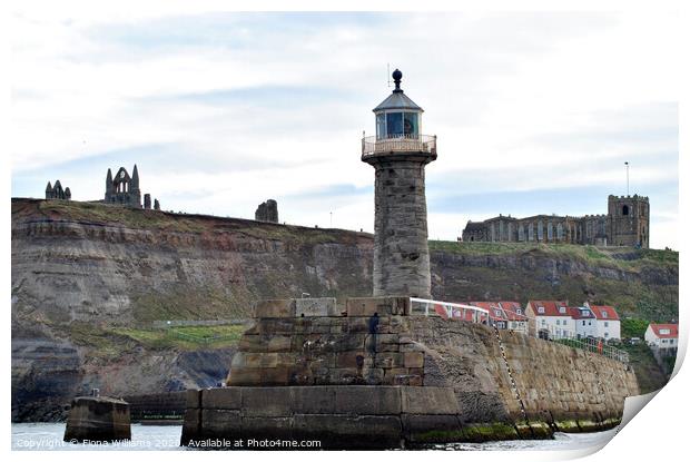 Whitby Abbey St Mary's Church and the lighthouse f Print by Fiona Williams
