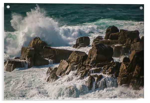 Waves crash against the rocks at Lands End, Cornwa Acrylic by Michael Shannon
