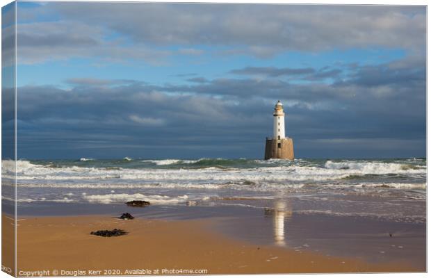 Rattray Head Lighthouse, reflection in sand with seaweed. Peterhead Canvas Print by Douglas Kerr