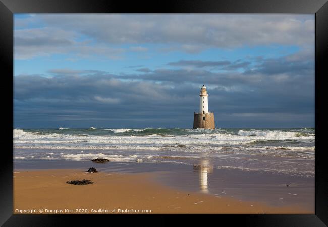 Rattray Head Lighthouse, reflection in sand with seaweed. Peterhead Framed Print by Douglas Kerr