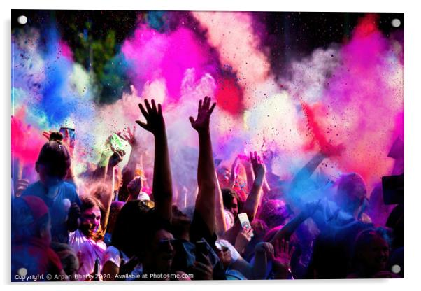 Krakow, Poland - August 25, 2019: Unidentified people playing with colors during hindu festival holi. Hands are visible throwing colors in the air Acrylic by Arpan Bhatia