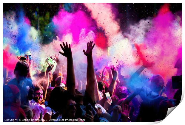 Krakow, Poland - August 25, 2019: Unidentified people playing with colors during hindu festival holi. Hands are visible throwing colors in the air Print by Arpan Bhatia
