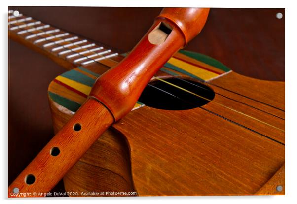 Cuatro Guitar and Recorder Acrylic by Angelo DeVal