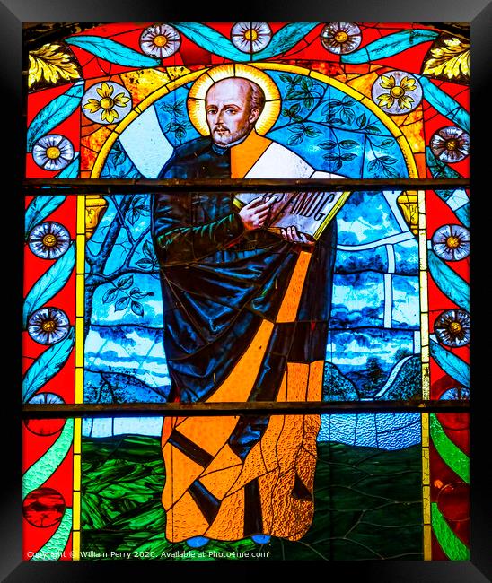 Ignatius Loyola Stained Glass La Compania Church Puebla Mexico Framed Print by William Perry