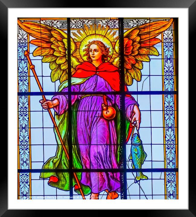 Archangel Raphael Stained Glass Puebla Cathedral Mexico Framed Mounted Print by William Perry