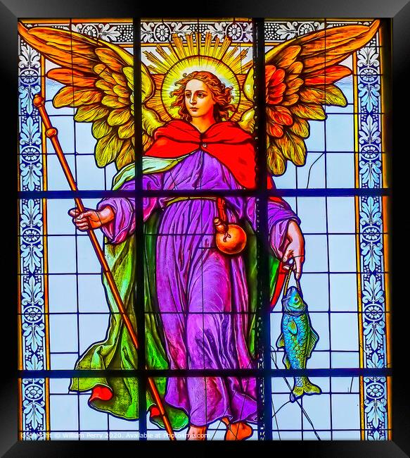 Archangel Raphael Stained Glass Puebla Cathedral Mexico Framed Print by William Perry