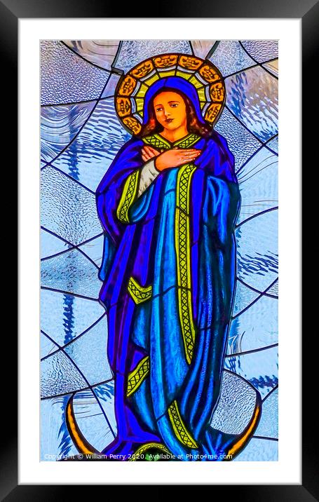 Colorful Virgin Mary Stained Glass Puebla Cathedral Mexico Framed Mounted Print by William Perry