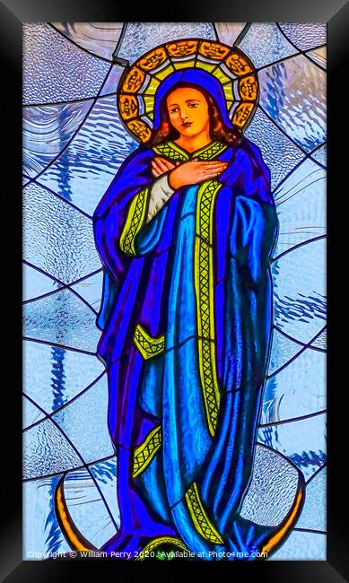 Colorful Virgin Mary Stained Glass Puebla Cathedral Mexico Framed Print by William Perry