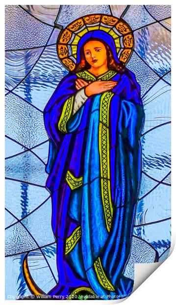 Colorful Virgin Mary Stained Glass Puebla Cathedral Mexico Print by William Perry