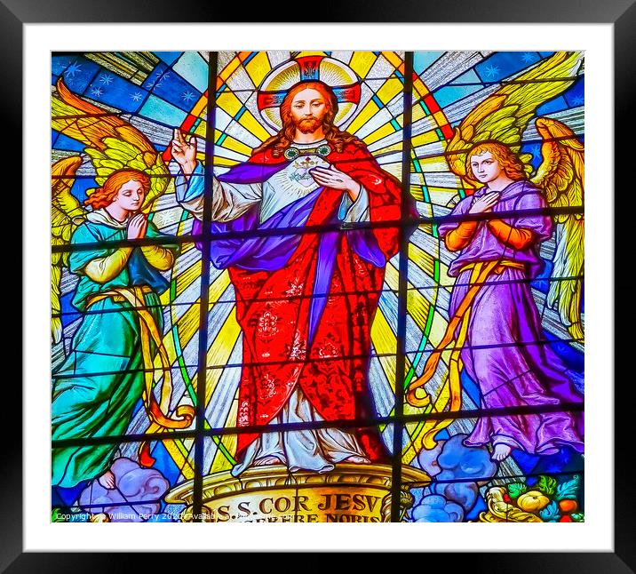 Coloful Jesus Resurrection Archangels Stained Glass Puebla Cathedral Mexico Framed Mounted Print by William Perry