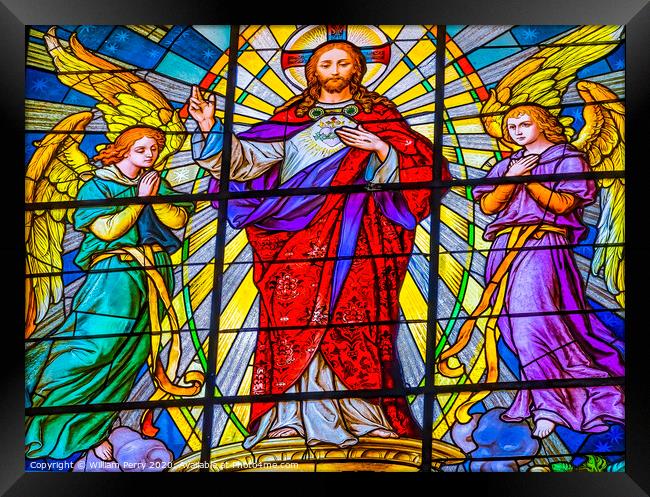Coloful Jesus Archangels Stained Glass Puebla Cathedral Mexico Framed Print by William Perry
