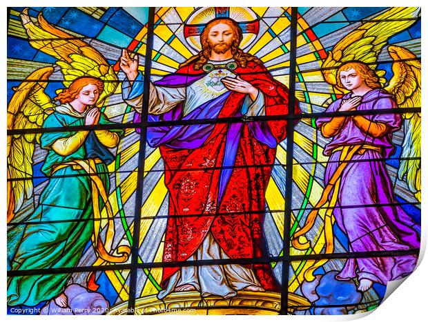 Coloful Jesus Archangels Stained Glass Puebla Cathedral Mexico Print by William Perry