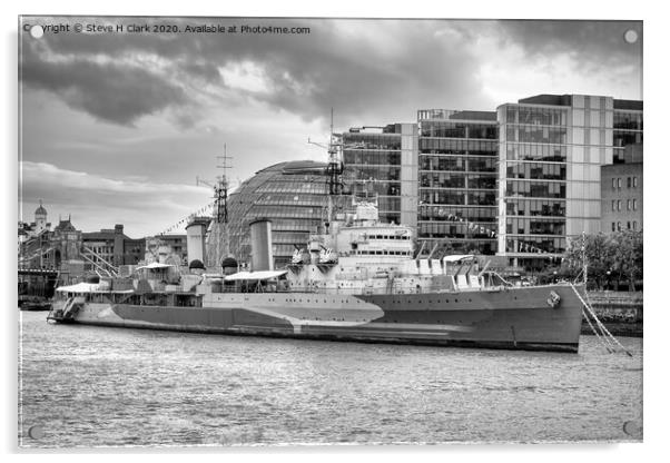 HMS Belfast - Black and White Acrylic by Steve H Clark