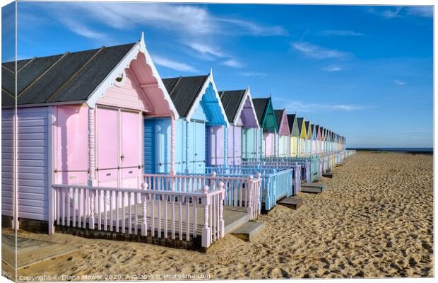 West Mersea Beach Huts Essex Canvas Print by Diana Mower