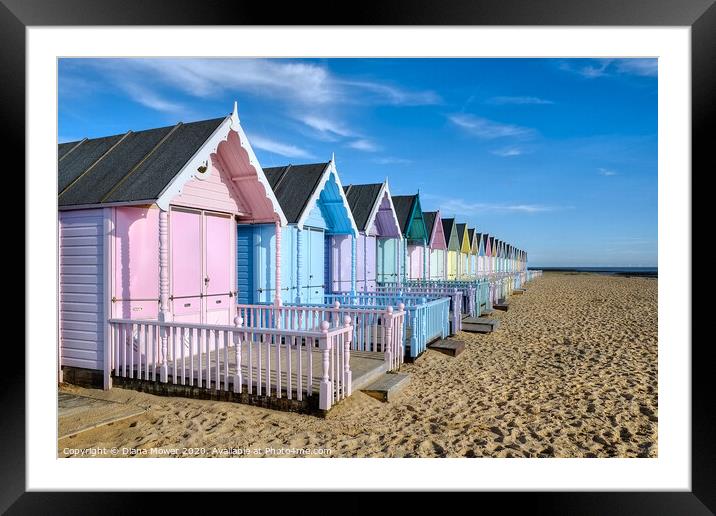 West Mersea Beach Huts Essex Framed Mounted Print by Diana Mower